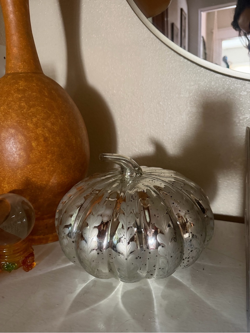Pottery Barn Mercury Glass Pumpkin Etched Leaf Fall Decor